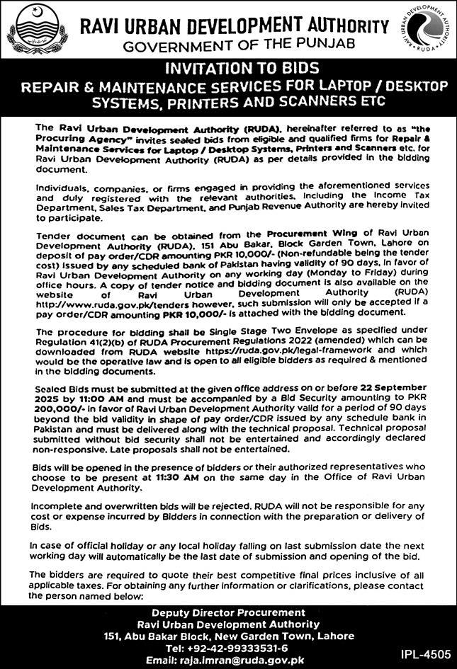 Ravi Urban Development Authority Tender Notice